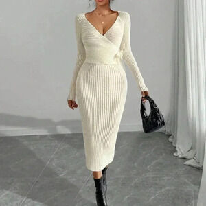 Beige Elegant Women's Stylish Knit V-Neck Cross-Tie Slimming Maxi Dress